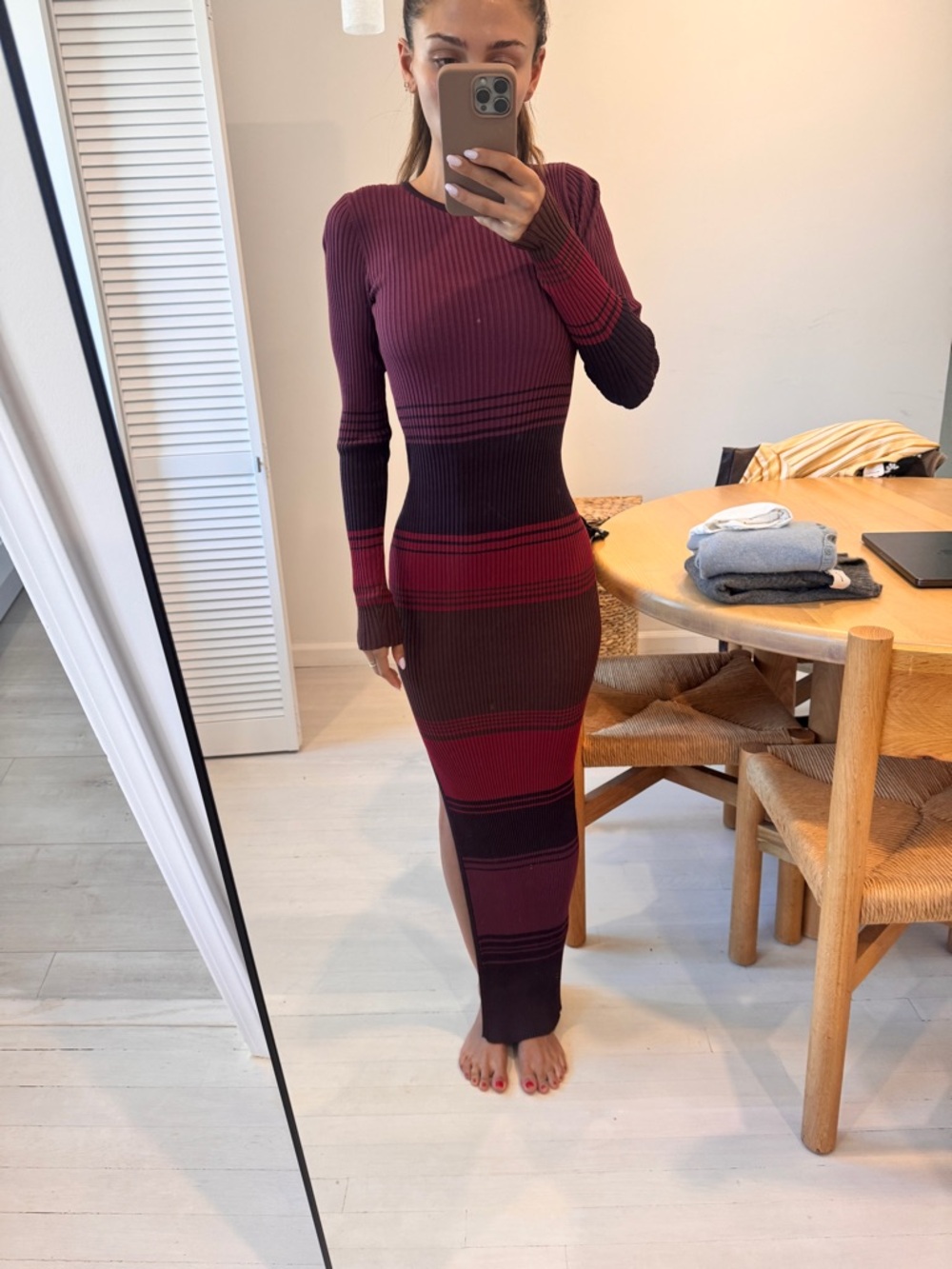 STAUD Striped Ribbed Maxi Dress in Burgundy and Black